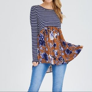 🆕 Navy Stripe Camel Floral Flowy Blouse! 🆕